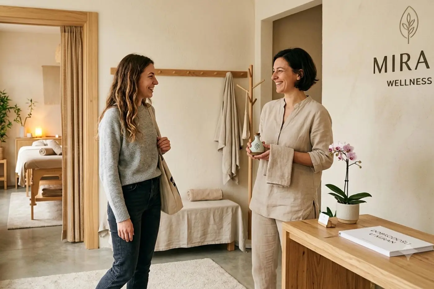 Terapeutkinja dočekuje klijenticu na recepciji wellness salona